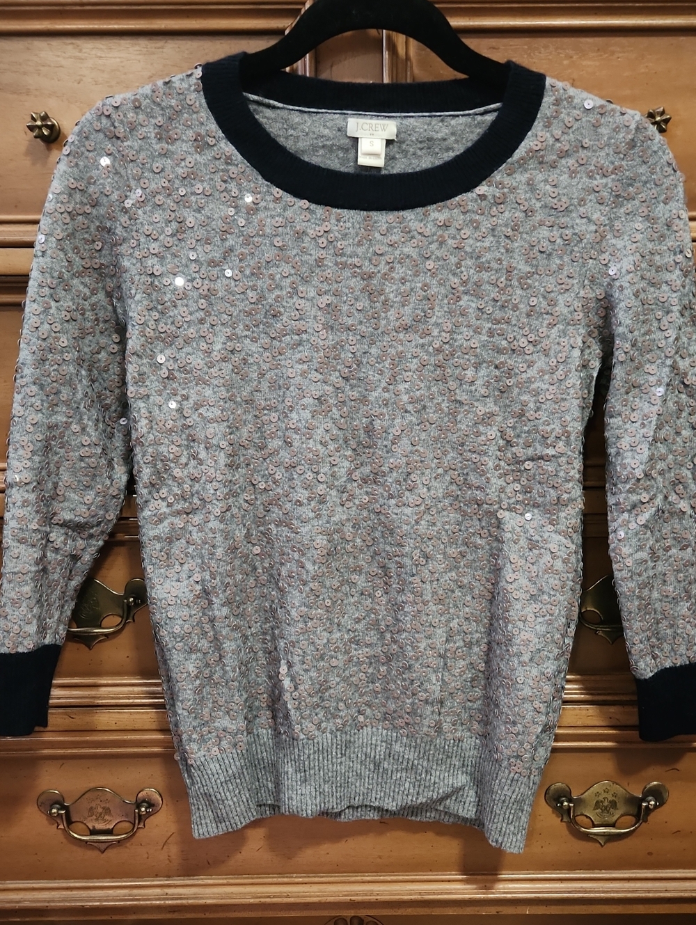 J. Crew Gray Sequin Crewneck Sweater with Black Trim